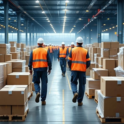 Courier service hub bustling with workers sorting and handling packages, ensuring efficient parcel distribution.